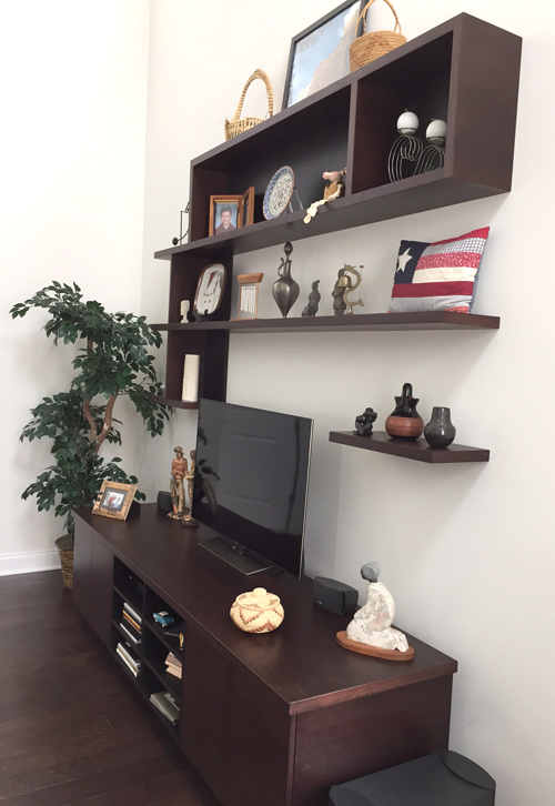 floating shelves and media center